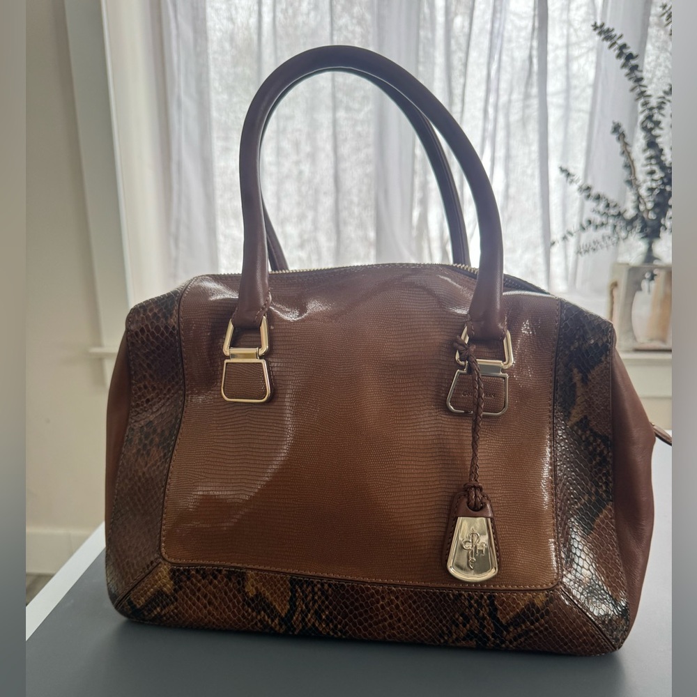 Cole Haan Brown Leather Handbag with snakeskin accents with gold hardware